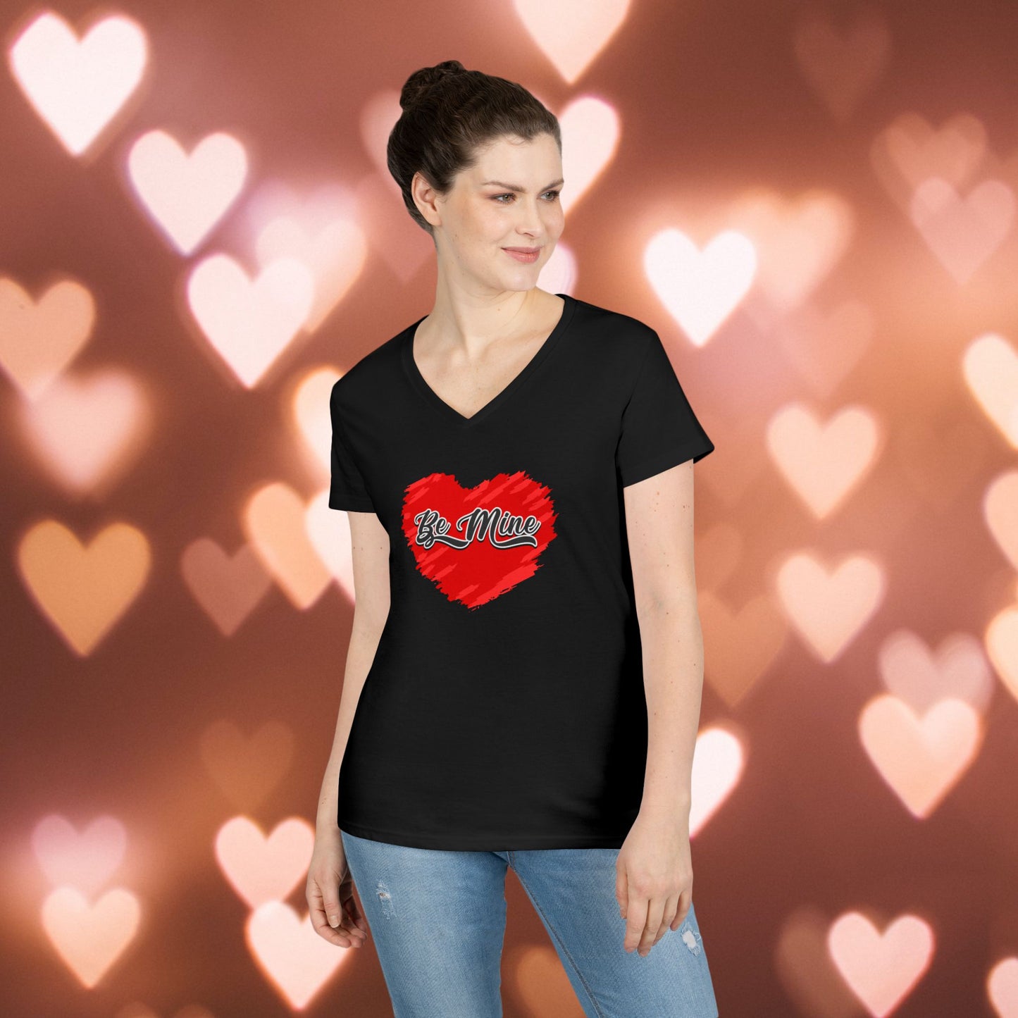 Be Mine Valentine V-Neck T-Shirt, Women's Love Heart Tee, Romantic Graphic Shirt, Valentine's Day Gift, Cute Girlfriend Present, Red Heart