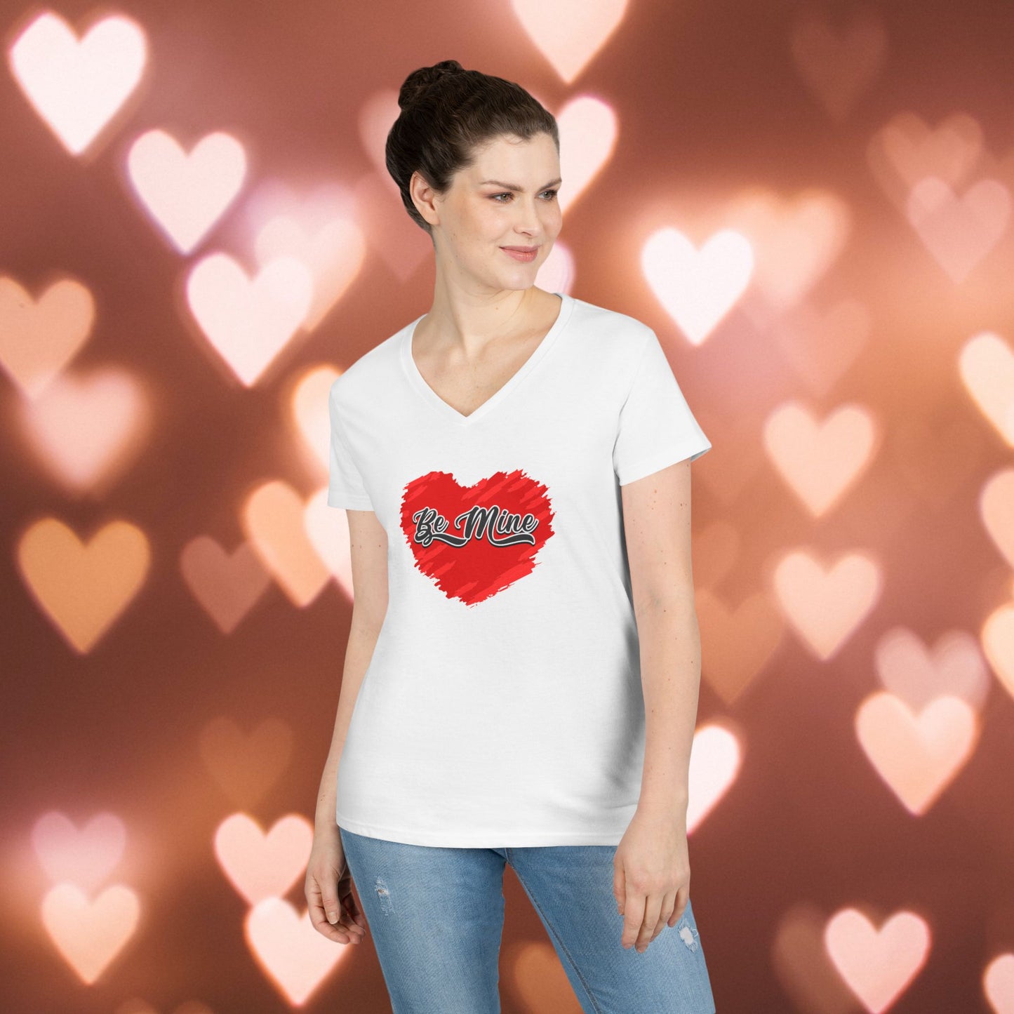 Be Mine Valentine V-Neck T-Shirt, Women's Love Heart Tee, Romantic Graphic Shirt, Valentine's Day Gift, Cute Girlfriend Present, Red Heart