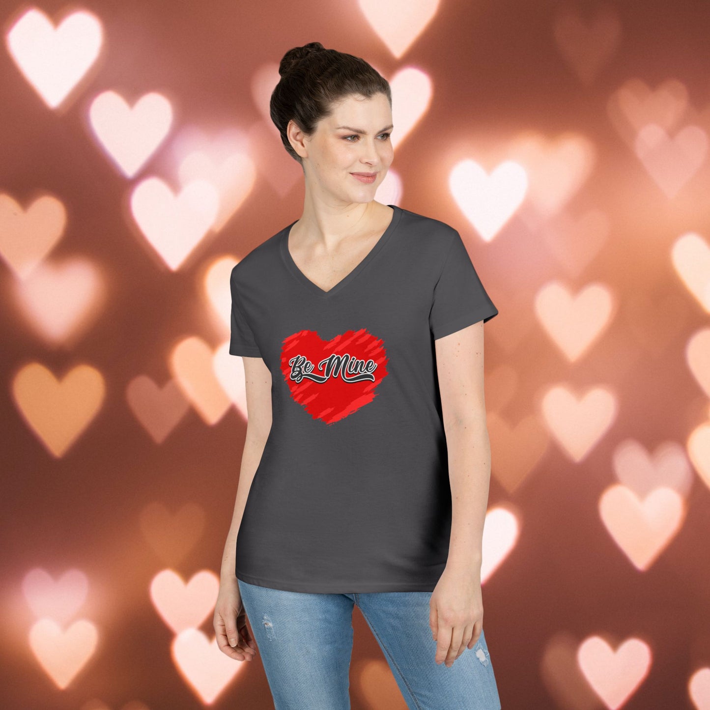 Be Mine Valentine V-Neck T-Shirt, Women's Love Heart Tee, Romantic Graphic Shirt, Valentine's Day Gift, Cute Girlfriend Present, Red Heart